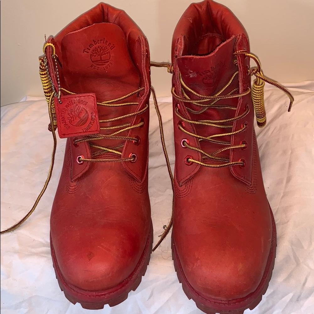 Used red Pharrell B-Line timberland boots